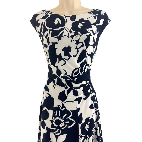 Ralph Lauren Navy Blue White Floral Ruched Sleeveless Jersey Dress Size 12 - Picture 2 of 6